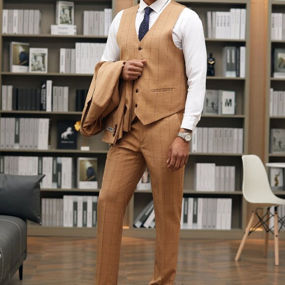 Rust Windowpane Wide Notch Lapel 3 Piece Stacy Adams Men's Suit - Picture 4 of 6